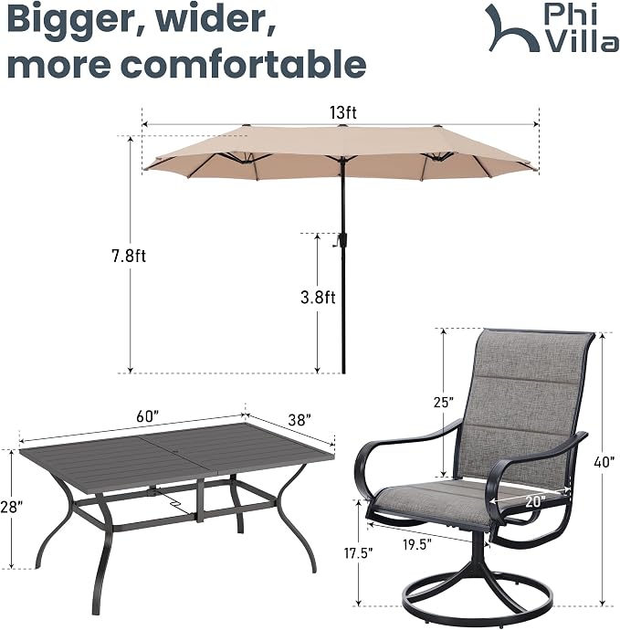 PHI VILLA Outdoor Dining Set for 6 with Beige Umbrella & Swivel Chairs | Padded textilene, High back & Ergonomic, Rectangular metal table, Weather-resistant, Patio backyard deck, No Umbrella Base