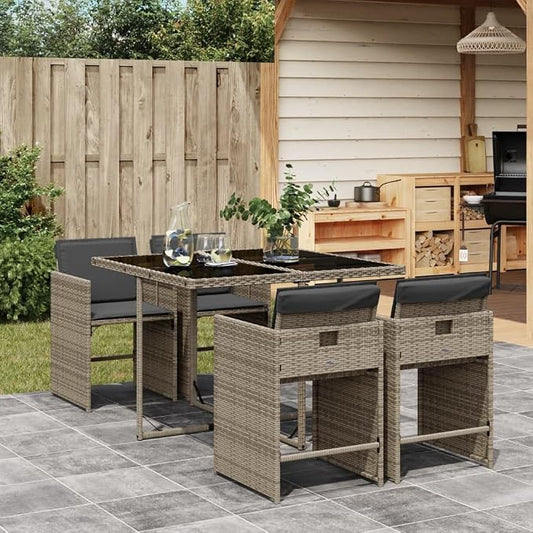 5-Piece Gray Patio Dining Set with Cushions, PE Rattan Outdoor Furniture Set, Compact Foldable Chairs, Tempered Glass Table for Backyard, Balcony, Porch
