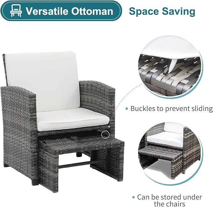 OC Orange-Casual 5 Piece Patio Furniture Set, Wicker Outdoor Conversation Chair and Ottoman Set with Coffee Table, Pillows Included, for Balcony, Porch, Deck, White