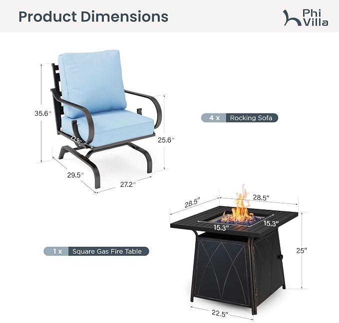 PHI VILLA Patio Furniture Set, 4 Rocking Chairs and a 28" Square Fire Pit Table, Outdoor Metal Conversation Set with 5.75" Extra Thick Cushion for Garden Backyard Deck, Blue