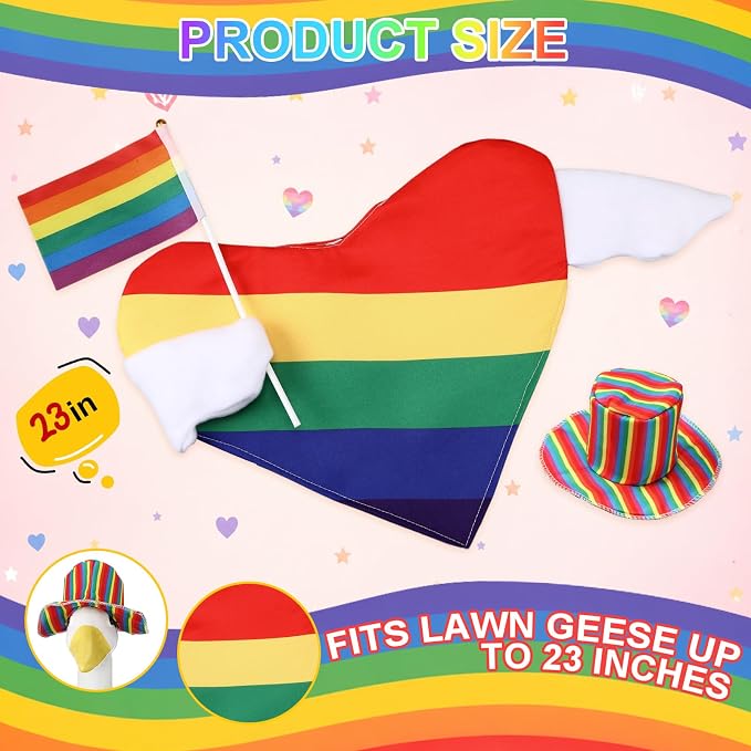 Rainbow Pride Porch Goose Outfit for LGBTQ Pride Month Goose Dress Clothes with Stripes Top Hat and Flag Costume for 23" Gooses Statue Decoration Patio Yard Garden Lawn Outdoor Decors