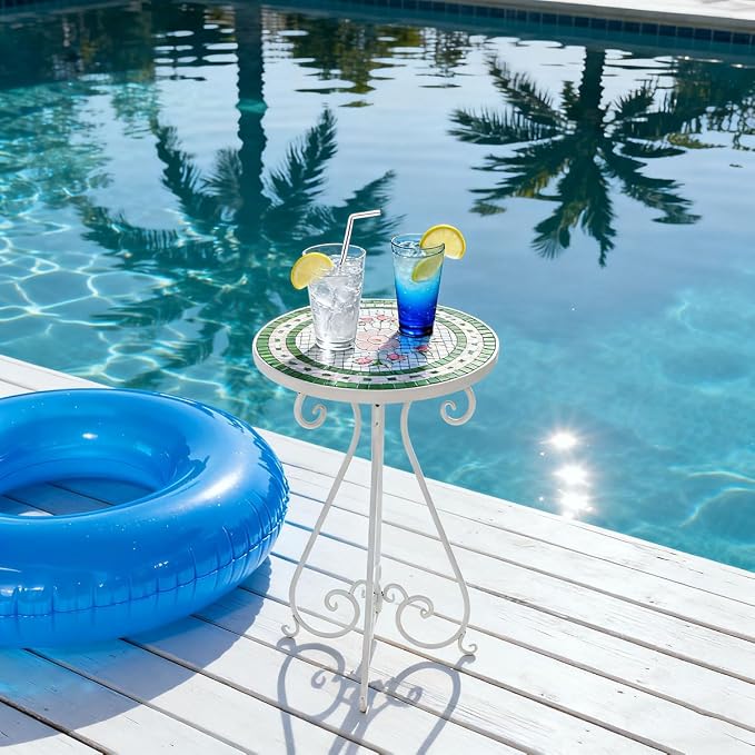 Vintage Outdoor Side Table Round Mosaic Ceramic Tile Top 14" Diameter Metal Plant Stand for Flower Pots Vase Garden Home Porch Pool Indoor Decor Weather Resistant Outside Patio Accent End Furniture