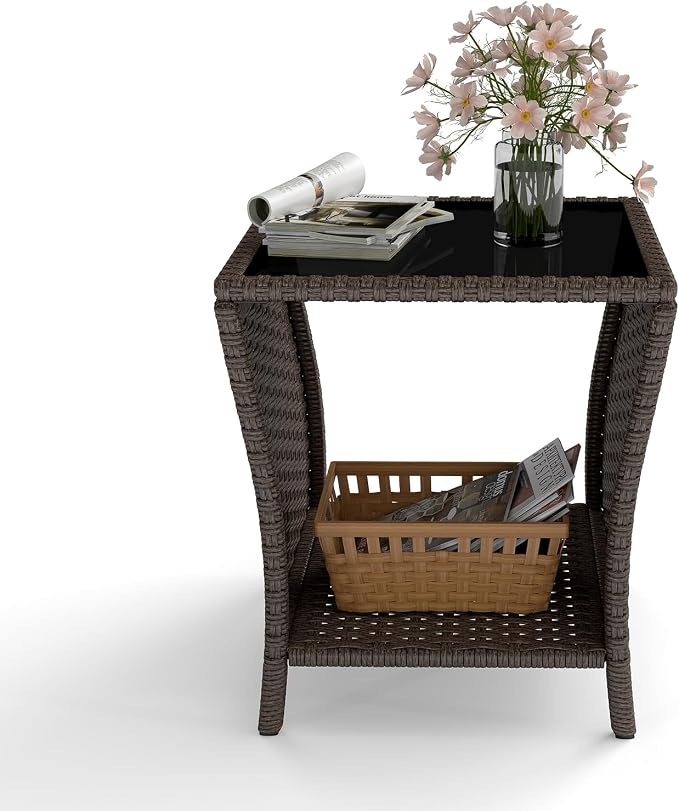 Kinsuite PE Rattan Patio Side Table - Outdoor Wicker End Table with Black Glass Top, Rattan Coffe Table in Iron Frame for Backyard Balcony Poolside, Dark Brown