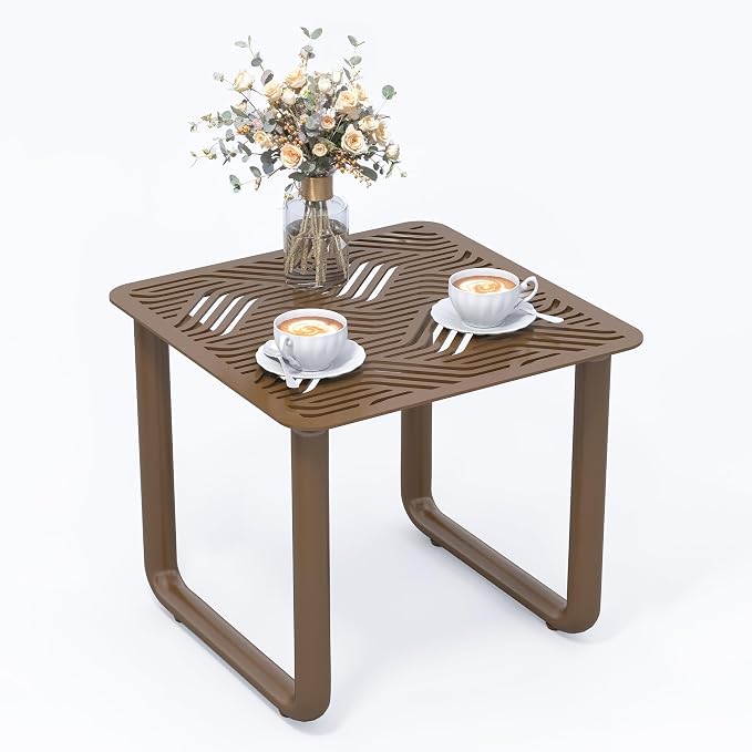 18" Aluminum Outdoor Coffee Table with U-Shaped Legs, Square Patio End Table with Wave Pattern Slatted Top, Rust-Resistant Modern Side Table for Balcony and Poolside, Brown
