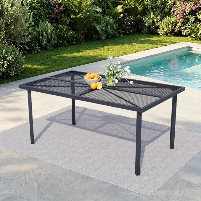 Outdoor Patio Dinning Table for 6, Rectangular Metal Steel Patio Outdoors Tables with Umbrella Hole All Weather-Resistant for Lawn Backyard Garden, Porch