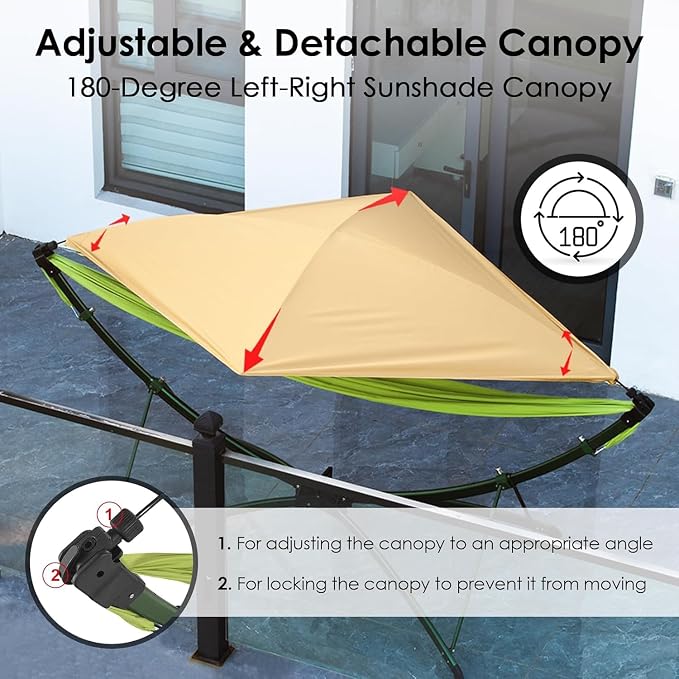Quick-Fold Hammock with Stand for Outside, 60-Sec Setup 550lb Heavy-Duty Portable Folding Hammock with Adjustable Sunshade & Carry Bag for Camping Beach Garden Indoor Outdoor(Green)