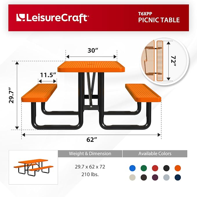 Leisure Craft Metal Picnic Table with Bench - 6 ft Rectangle Outdoor Dining Table for 6, Umbrella Hole, Weatherproof Heavy Duty Thermoplastic Coating, Commercial Grade Furniture Made in USA - Orange