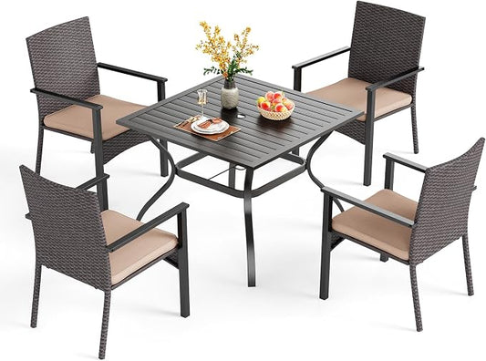 PHI VILLA 5 Piece Outdoor Dining Set for 4, 37" Square Metal Wrought Iron Table with Umbrella Hole & Cushioned Rattan Wicker Chairs, Modern Furniture for Patio, Deck, Backyard, Porch