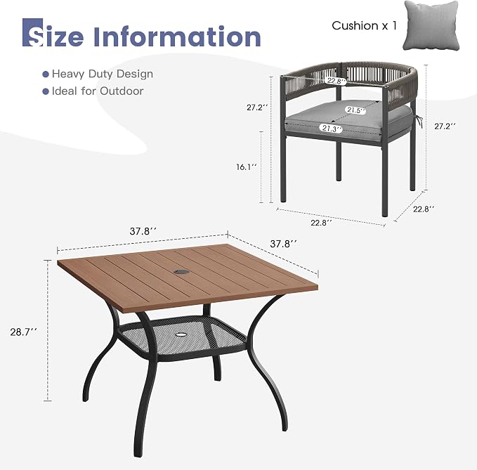 VICLLAX Patio Dining Set, 37.8" Walnut Table & 4 Chairs with Grey Cushion | Outdoor Table and Chairs Set of Square Metal Patio Table, Outdoor Dining Chairs with Metal Frame, Garden Deck Porch