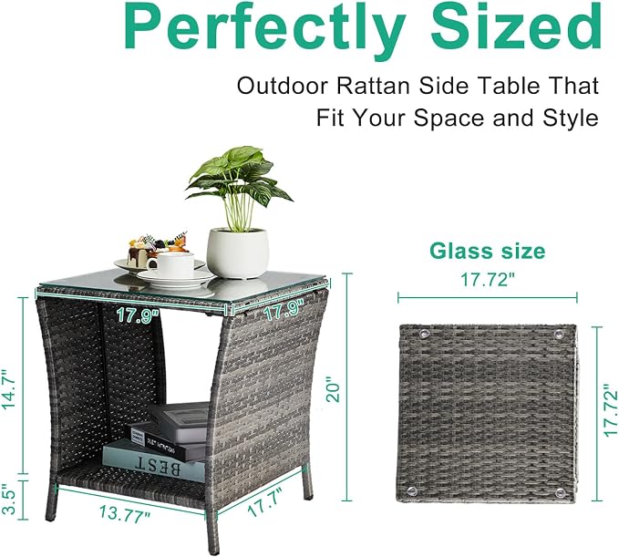 Wicker Rattan Side Table, Outdoor Square Rattan Coffee End Table with Tempered Glass Top and Storage for Patio Porch Lawn (Gray)