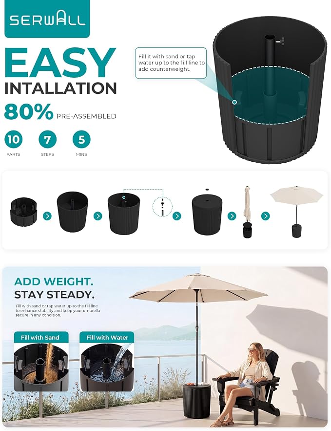 SERWALL Round Outdoor Umbrella Side Table Set of 2 - Outdoor Patio Table with Umbrella Hole for Porch/Patio/Poolside, Black
