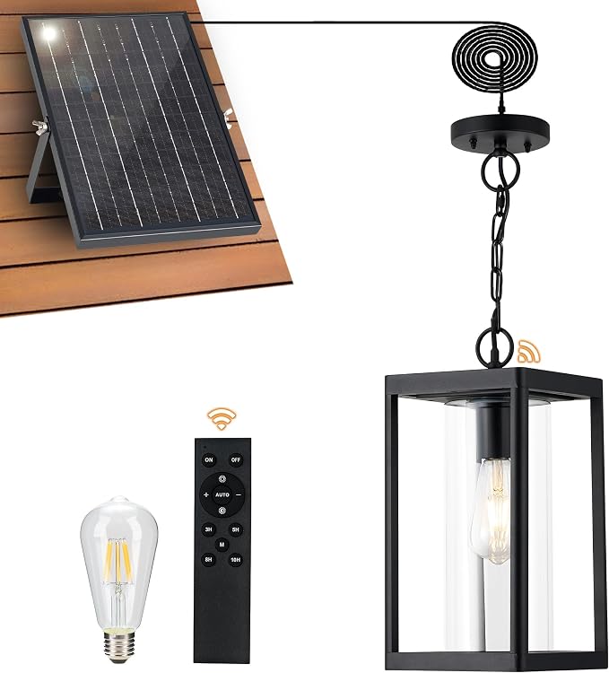 Beionxii 15" Solar Outdoor Pendant Light,Farmhouse Exterior Hanging Lantern | Anti-Rust Aluminum, Waterproof, Dusk to Dawn Modern Outside Chandelier w/Remote and Bulb for Coastal, Porch, Patio, BXA291-SH