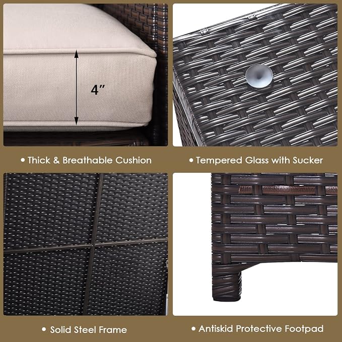 HAPPYGRILL 4PCS Patio Furniture Set Outdoor Rattan Wicker Sofa Set Conversation Set with Cushions & Storage Side Table Coffee Table for Garden Lawn Poolside Backyard