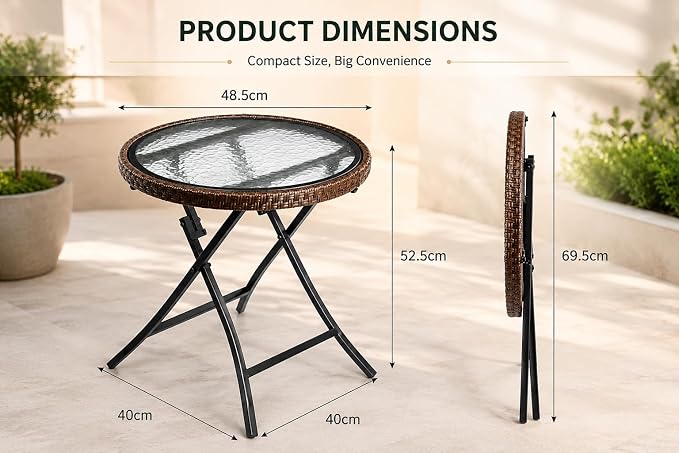 Outdoor Side Table, Round Rattan Patio Side Table with Tempered Glass Top, Foldable Wicker Accent Table for Garden, Balcony, Porch, Deck, Poolside & Indoor Use, Brown, 18.9" Diameter