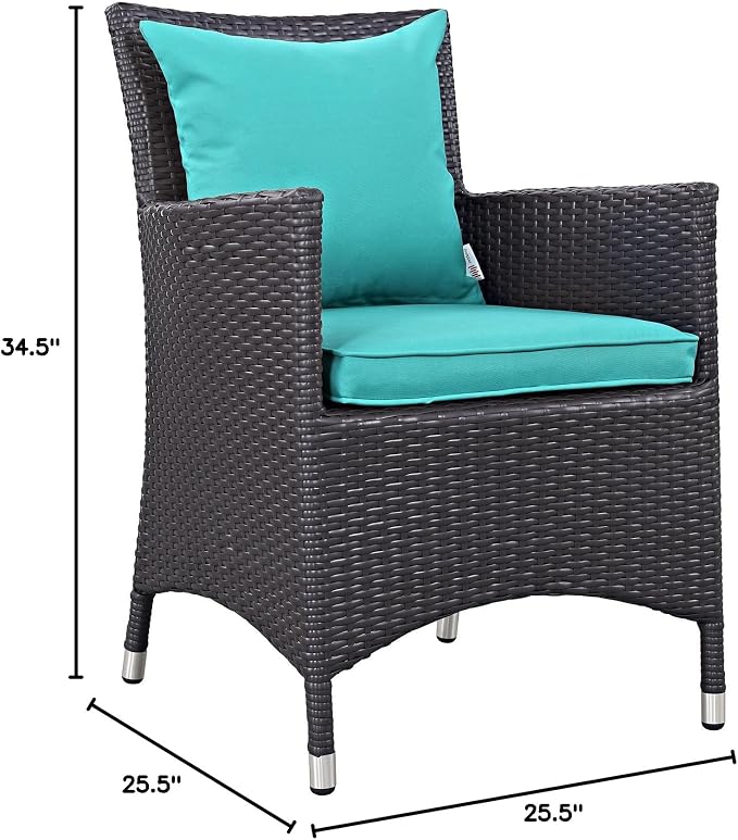 Modway Convene Wicker Rattan Outdoor Patio Dining Armchairs With Cushions in Espresso Turquoise - Set of 2