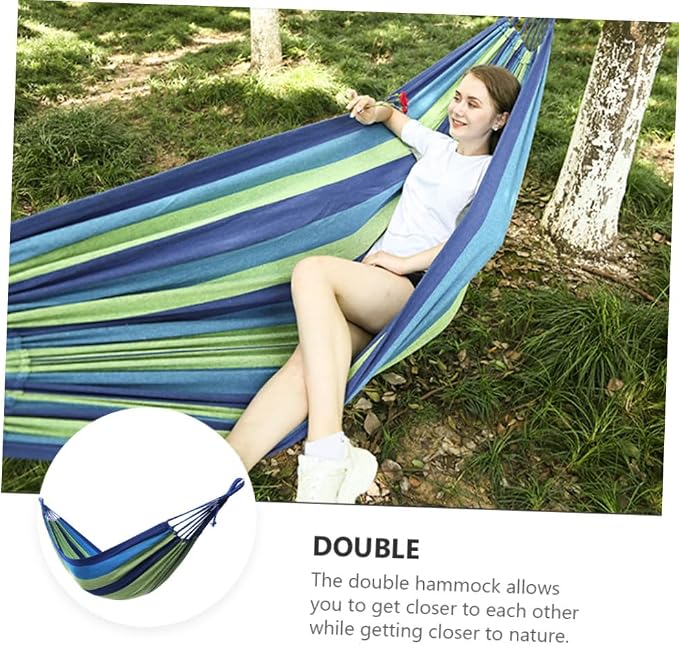 GANAZONO Double Camping Hammock Swing for Two Adults, Outdoor Portable Canvas Hanging Hammock with Widened Thickened Blue Material, Suitable for Travel, Hiking, Backyard, and Patio Use