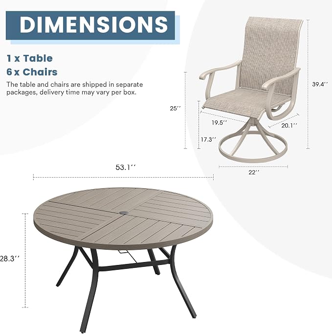 DIFY Patio Table and Chairs Set for 6, 7 Piece Outdoor Dining Set, 53.1" Grey Wood-Like Round Metal Dining Table with Umbrella Hole and 6 Sandshell Textilene Swivel Patio Chairs, for Garden Backyard