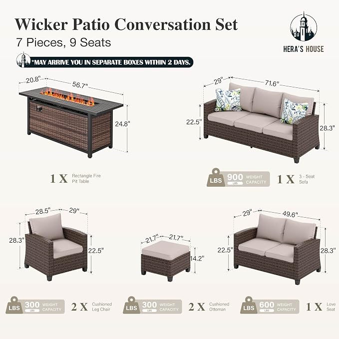 HERA'S HOUSE Wicker Patio Furniture Set with Fire Pit Table, Outdoor Rattan Conversation Sofa Sets for Lawn Yard