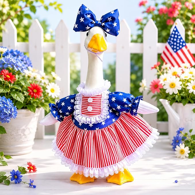 Mysense 4th of July Porch Goose Outfit for 23 Inch Goose Statue, Patriotic Red White Blue Goose Clothes with Bow for Outdoor Garden Patio Decor, USA 250th Anniversary Merchandise