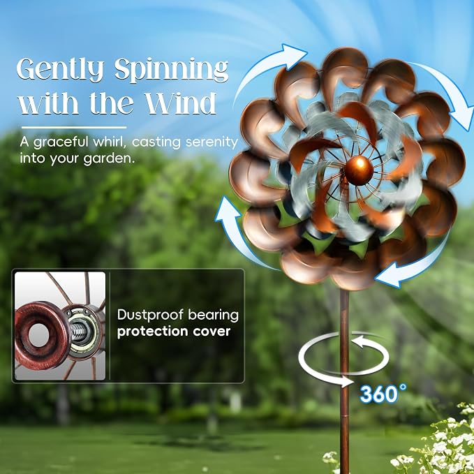 Pure Echo Large Wind Spinners Outdoor - 84" H Kinetic Metal Garden Decor | Decorative Yard Garden Kinetic Wind Spinner with Stake, Spins Easily, Weather Resistant, Gift Idea for Birthday, Retro Copper