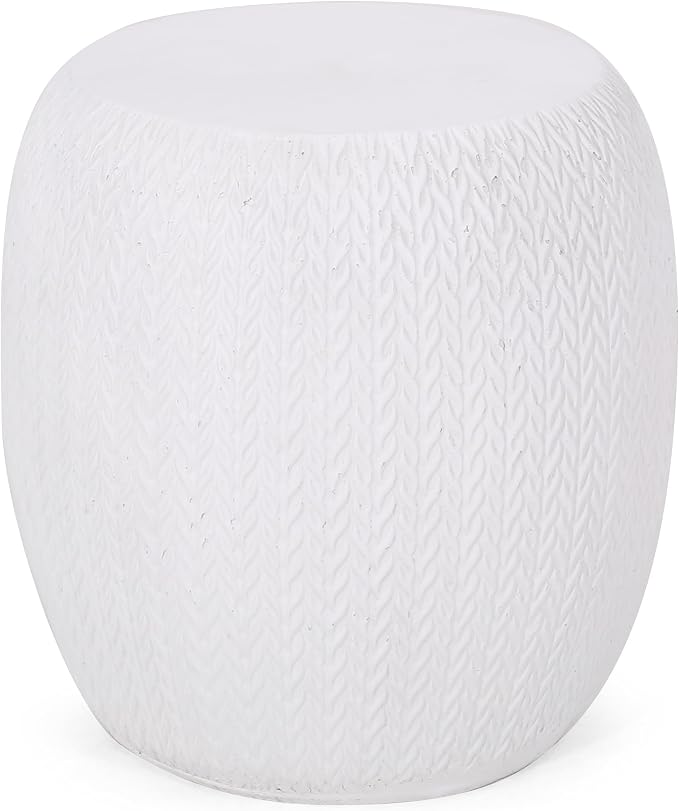 Outdoor Side Table 15.75" Drum Shape Lightweight Concrete-Look Outdoor Indoor Accent Table Decorative Garden Stools, for Patio Porch Living Room, White