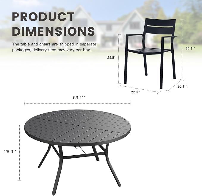 Patio Dining Set for 8, Round 53.1" Patio Dining Table and Stackable Outdoor Dining Chairs Outdoor Furniture for Backyard Porch Deck, Spliced Black Table and Black Chairs