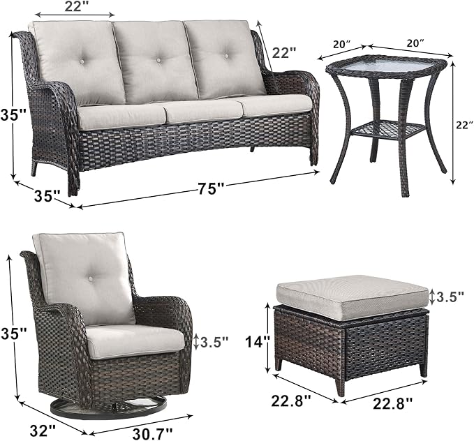 Outdoor Wicker Patio Furniture Set - 6 Piece Rattan Patio Conversation Set with 2 Rocking Swivel Chairs,2 Ottomans,1 Sofa and 1 Side Table for Porch Deck Backyard Garden(Brown/Beige)
