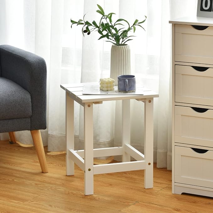 Giantex Outdoor Side Table, 15” Square Wood End Table with Slatted Design, Sturdy Construction, Easy Assembly, Small Patio Coffee Table for Living Room, Balcony, Poolside Bistro Table (1, White)