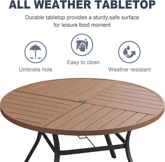 VICLLAX 53" Round Patio Dining Table for 6-8, All Weather Metal Outdoor Table with 1.57" Umbrella Hole and Surdy Frame for Garden Lawn Deck, Walnut