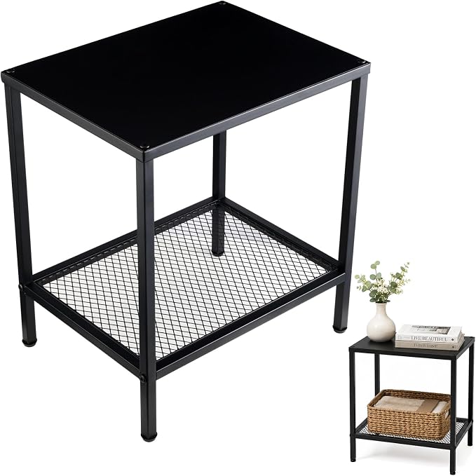 2-Tier Metal Side Table Small Rectangle End Table with Storage Shelf Indoor Outdoor Accent Table Small Space Nightstand Plant Stand for Living Room Bedroom Patio Balcony, Black