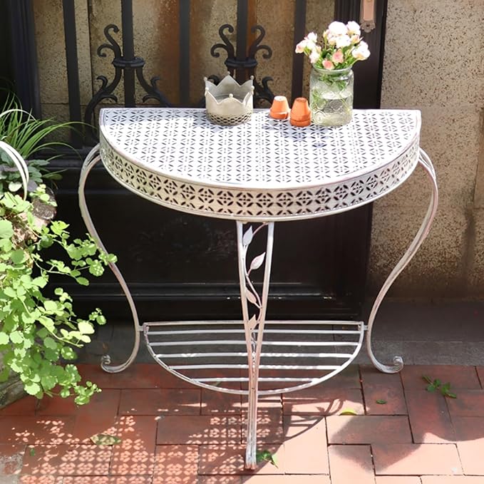 Outdoor Half-Moon Patio Console Table, 2 Tier Iron Half Round Garden Porch Table, Antique All-Weather Mid Century Tables(White)
