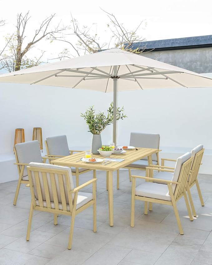 7 Pieces Outdoor Dining Set, Never-Rust Aluminum Patio Furniture Set with Umbrella Hole, All-Weather Outdoor Patio Dining Set for 6, Patio Table and Chair Set for Decks, Garden, Maple Wood