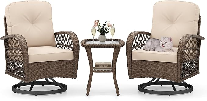 HAPPYGRILL 3 Pieces Outdoor Rattan Swivel Rocker Chairs Set with Tempered Glass Side Table, Outside Sectional Patio Conversation Furniture Set with Swivel Rocking Chairs for Deck Porch Garden (Beige)