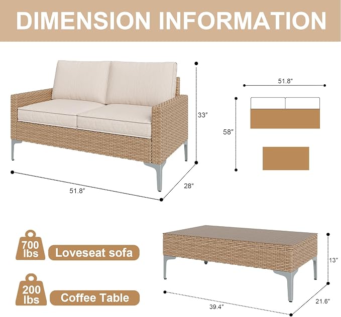 JOYURE 2 Pieces Patio Furniture Set,All Weather Rattan Loveseat with Tempered Glass Table for Porch,Deck,Backyard,Beige