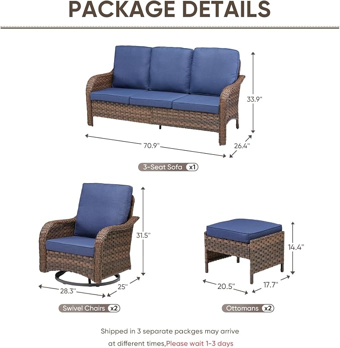 Patio Furniture Set - 5 Pieces All Weather Wicker Outdoor Couch Sofa 2 Swivel Chairs and 2 Ottomans, Ergonomic Design for Porch, Deck, Balcony, Garden, and Backyard(Blue)