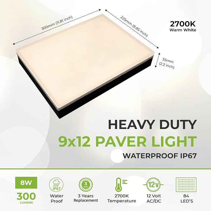 LUMENGY Paver Light 9x12 Inch (8.85x11.81), 2700K Warm White, Glare-Free Brick Lighting for Driveways, Walkways, Pool Decks and Patios, 12V Hardwired, IP67 Waterproof, Drive-Over Rated