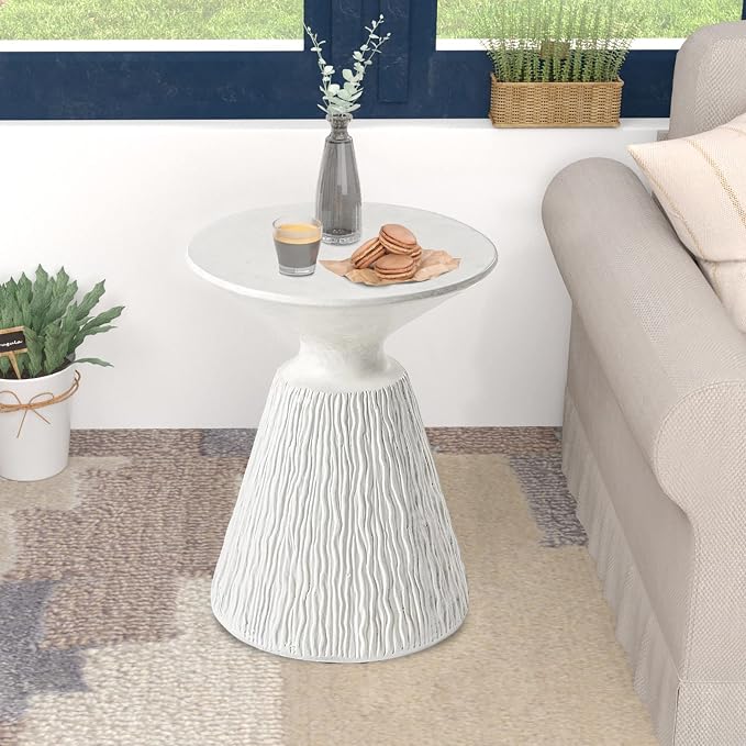 HOMPUS Outdoor Concrete Side Table Mushroom Shaped Cute Morden End Table Patio Decor Round Coffee Accent Table Garden Stool for Livingroom,Outside,Balcony,Pool (Milk White)