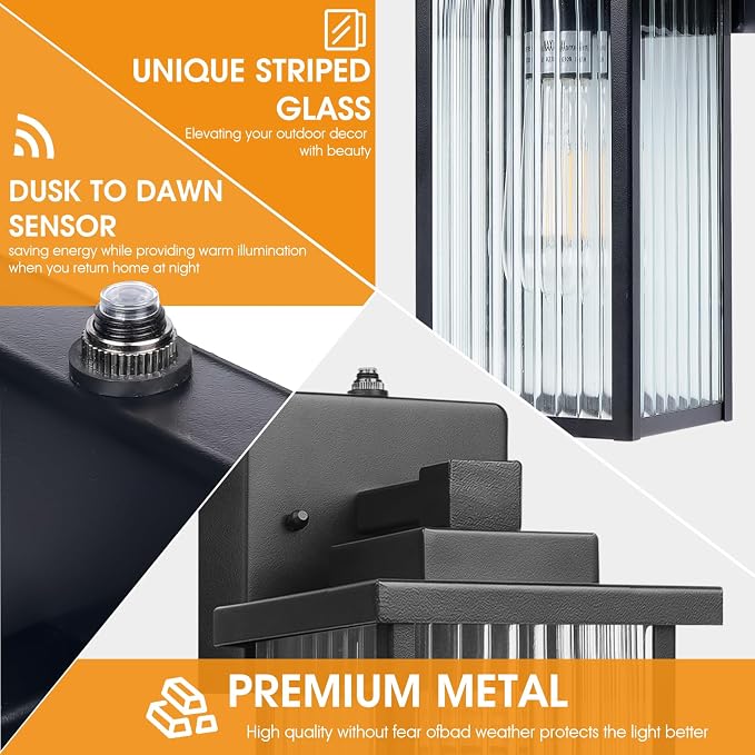 13" Matte Black Dusk to Dawn Outdoor Light, Exterior Light Fixture | Auto On and Off, Anti-Rust Metal Frame, Tempered Glass, E26 Socket, Easy DIY Install on Porch, Garage