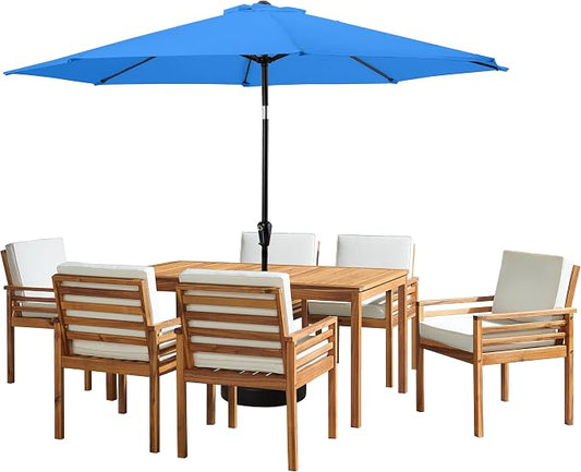 Alaterre Furniture Okemo 8 Piece Outdoor Dining Set with Umbrella - Solid Acacia Wood Outdoor Furniture Set with 63” Patio Table, 6 Patio Chairs, and 10ft Blue Umbrella