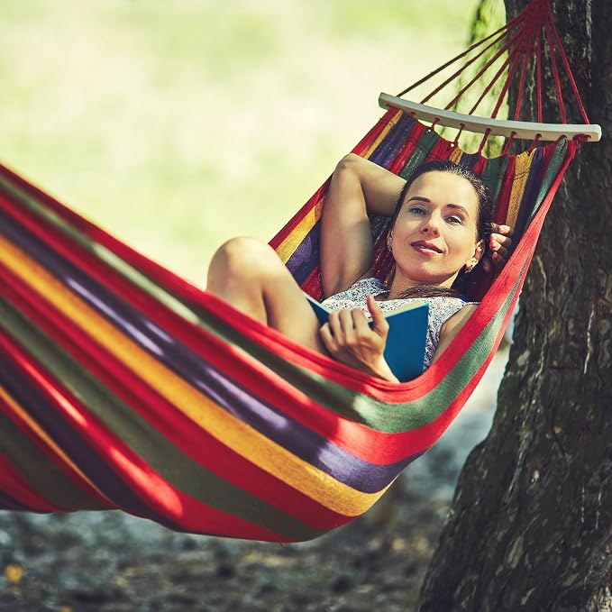 ANYOO Portable Camping Hammock Cotton Hammocks with Spreader Bar Outdoor | Sturdy Lightweight Hammocks Up to 450lbs with Carry Bag