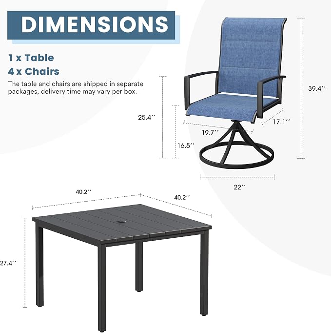 DIFY 5 Piece Outdoor Patio Dining Set for 4, 40.2" Black Square Metal Dining Table and Swivel Patio Chairs with Blue Padded Textilene, All-Weather Outdoor Furniture Set for Garden Backyard Porch