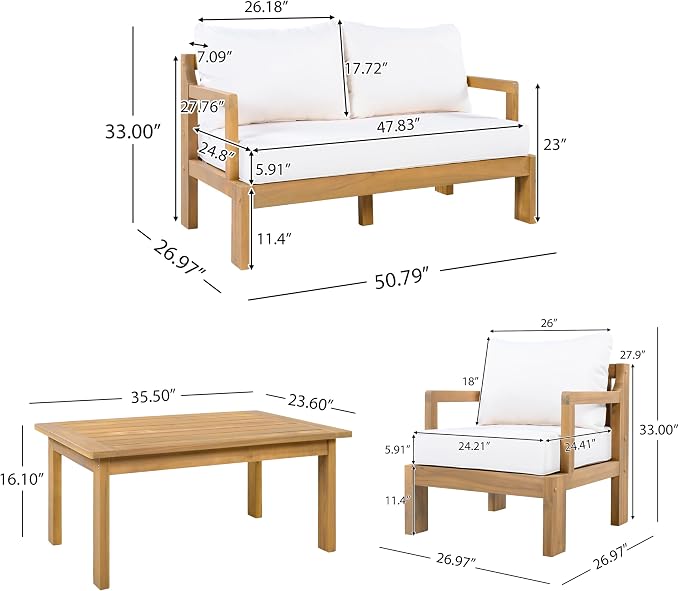 JIVOIT Outdoor 4-Seater Acacia Wood Patio Chat Set, 4 Pieces Conversation Set with Club Chair, 2 Seater Sofa and Coffee Table, Outdoor Seating Group for Garden, Backyard, Balcony