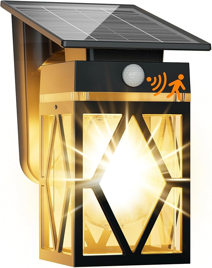 1 Pack Solar Porch Lights Outdoor with Dusk-to-Dawn Motion Sensor | 200LM 3000K Warm White, E26 ST58 Bulb, Classic Lantern Design, 3 Lighting Modes, IP65 Waterproof for Porch, Garage & Patio