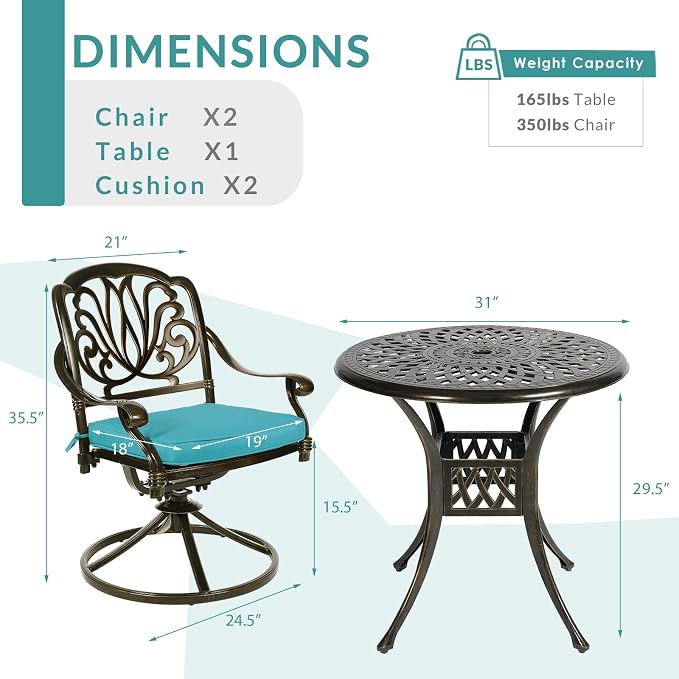 MEETWARM 3-Piece Outdoor Patio Dining Set, All-Weather Cast Aluminum Patio Conversation Set for Backyard Garden Deck with 2 Cushions Swivel Rocker Chairs and 31" Round Table, Umbrella Hole, Ocean Blue