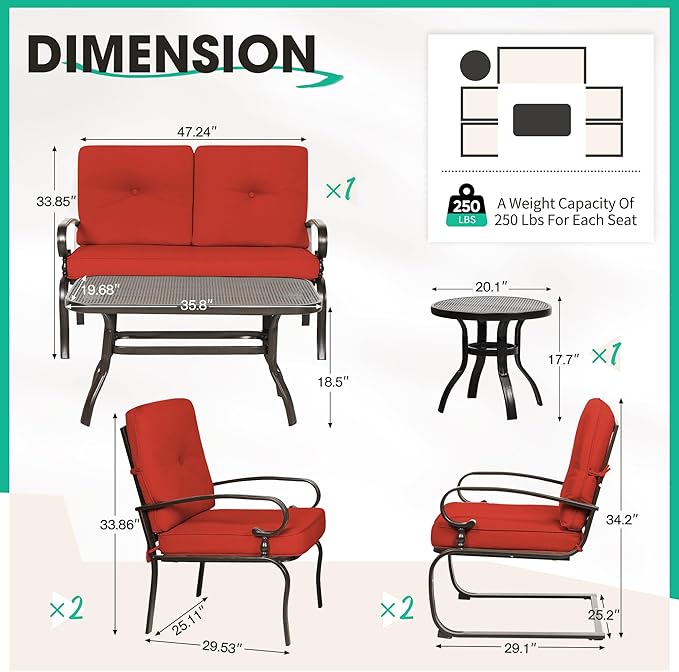Incbruce 7 Pcs(6 Seats) Wrought Iron Patio Conversation Sets (1 Loveseat, 2 Table, 2 Spring Chair, 2 Dining Chairs), Outdoor Metal Furniture Sets with Red Cushion