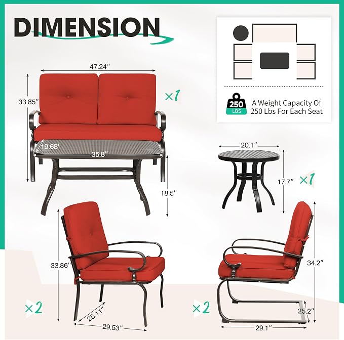 Incbruce 7 Piece Wrought Iron Patio Furniture Set Metal Outdoor Conversation Sets (Loveseat, Coffee Table and Bistro Table, 2 Spring Chair, 2 Dining Chairs) with Cushion (Red)