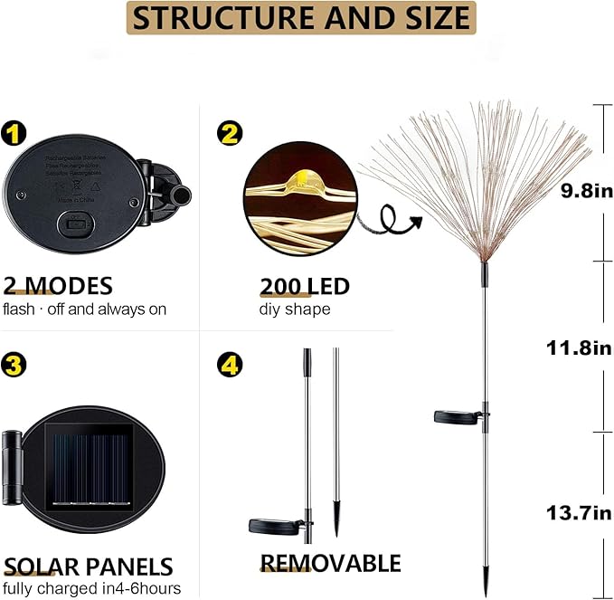 Solar Firework Lights Outdoor, Adjustable 32" to 51" Extra Tall, 200 LED Stainless Steel 3-Section Pole, 8 Modes Waterproof Starburst Garden Lights for Yard Pathway Walkway Decor(Warm White 4 Pack)
