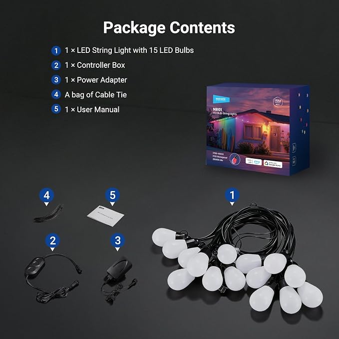 NEEWER 48ft Outdoor String Lights, App Control Smart AI RGB IC W Hanging Outside Patio Balcony Backyard Holiday Lighting, IP65 Waterproof, 15 LED Bulbs, 50+ Scenes, Compatible with Alexa Google, NR01