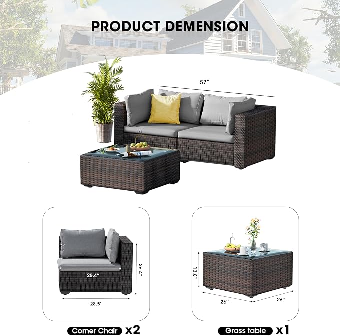 3 Piece Patio Furniture Set All Weather PE Rattan Outdoor Sectional Sofa Couch with No-Slip Cushions and Glass Top Table for Garden, Poolside, Backyard (Gray)