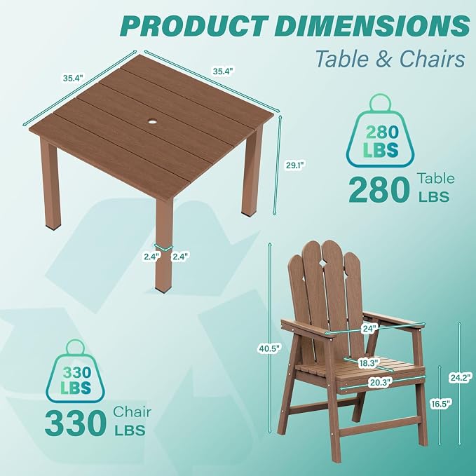 5 Piece Patio Dining Set for 4, HDPE Outdoor Dining Furniture Brown | 4 person patio set, eco-friendly HDPE, Space-saving heat resistant surface, family friendly outdoor dining solution